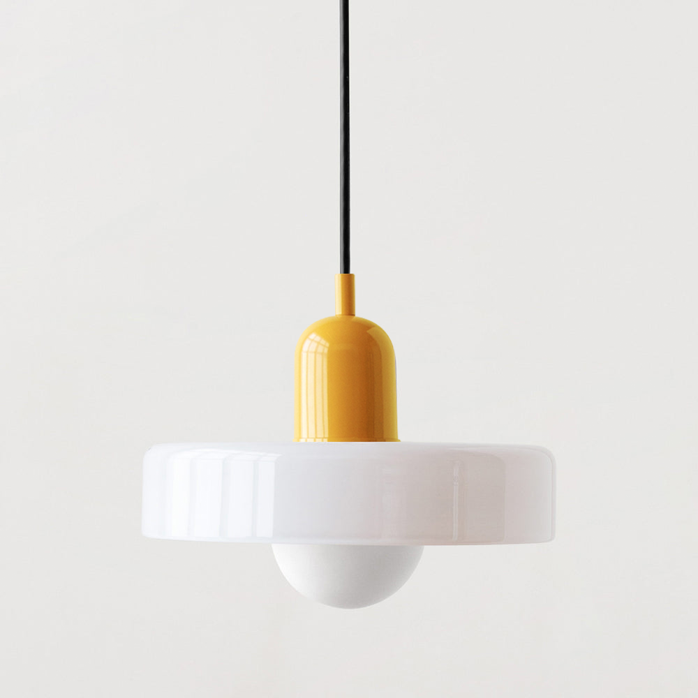 White glass disc shade pendant with glossy mustard yellow dome cap and black cord 49