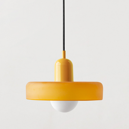 Close view of a yellow frosted glass pendant with a matching yellow cap and round bulb 34
