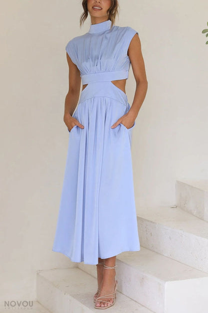 Elegant summer midi dress with roll neck and waist cut-out – Avelina