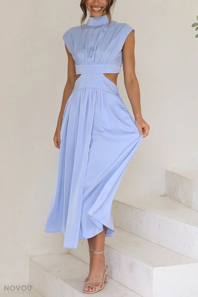 Elegant summer midi dress with roll neck and waist cut-out – Avelina