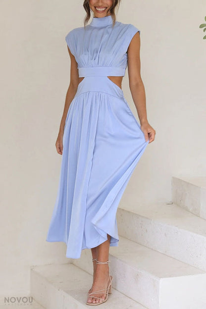 Elegant summer midi dress with roll neck and waist cut-out – Avelina