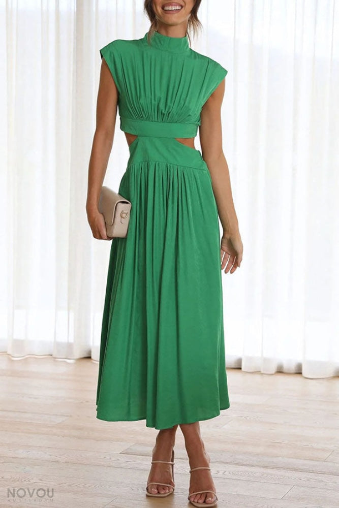Elegant summer midi dress with roll neck and waist cut-out – Avelina