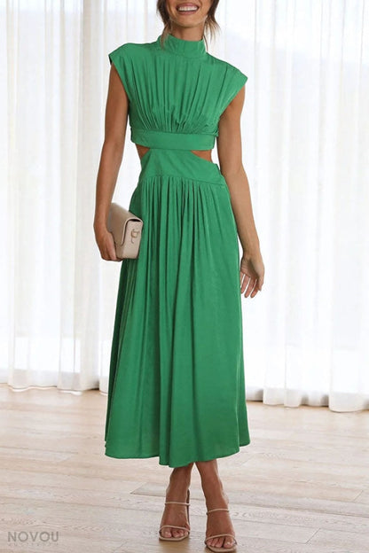 Elegant summer midi dress with roll neck and waist cut-out – Avelina
