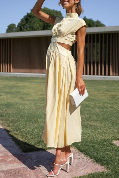 Elegant summer midi dress with roll neck and waist cut-out – Avelina