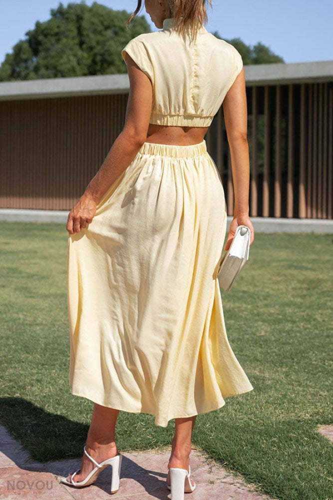 Elegant summer midi dress with roll neck and waist cut-out – Avelina