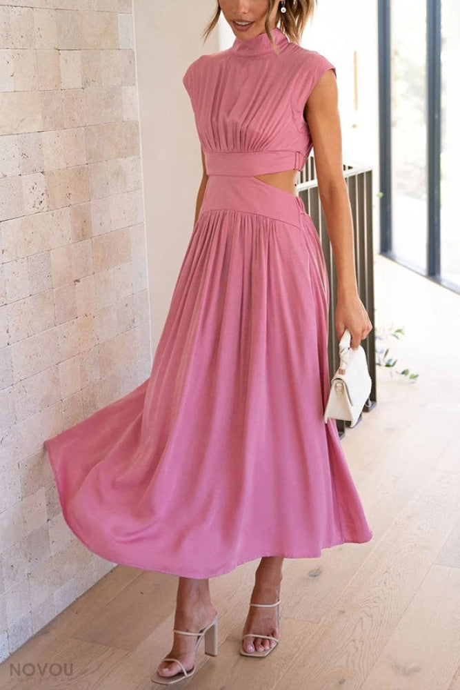 Elegant summer midi dress with roll neck and waist cut-out – Avelina