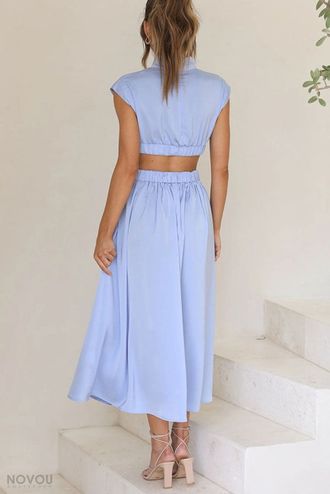 Elegant summer midi dress with roll neck and waist cut-out – Avelina