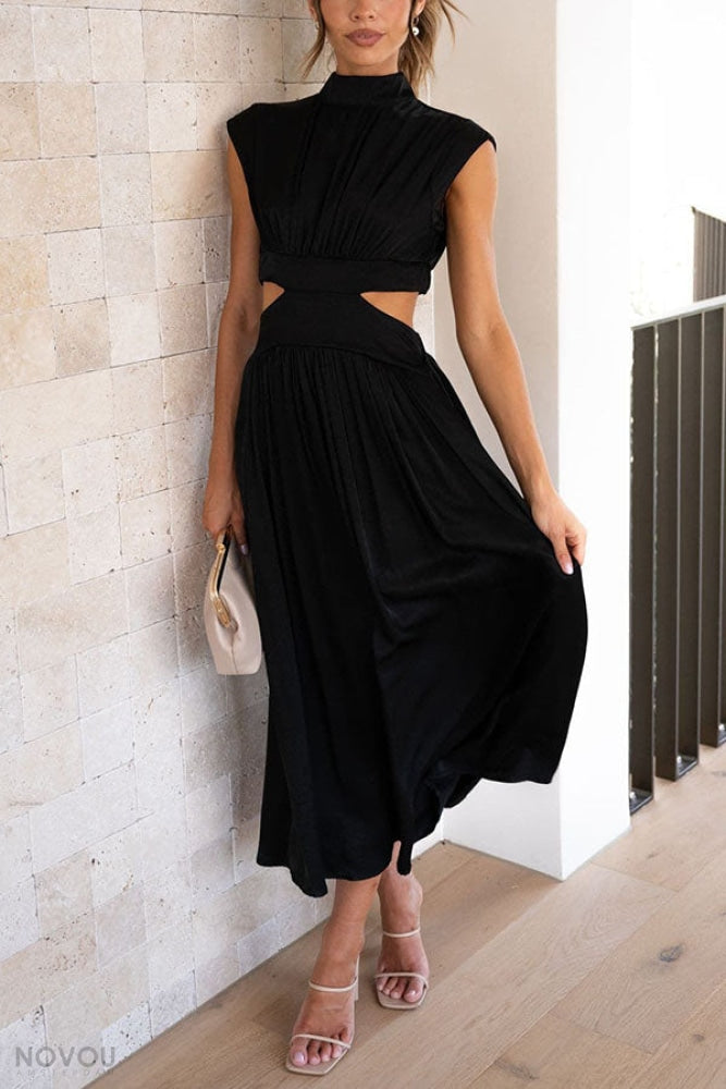 Elegant summer midi dress with roll neck and waist cut-out – Avelina