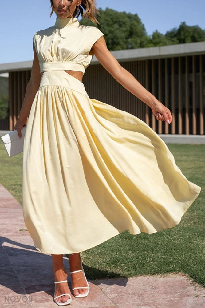 Elegant summer midi dress with roll neck and waist cut-out – Avelina