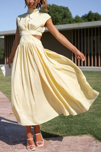 Elegant summer midi dress with roll neck and waist cut-out – Avelina