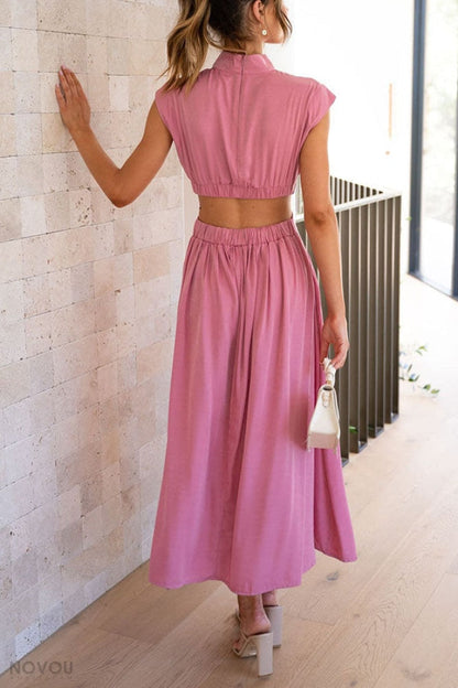 Elegant summer midi dress with roll neck and waist cut-out – Avelina