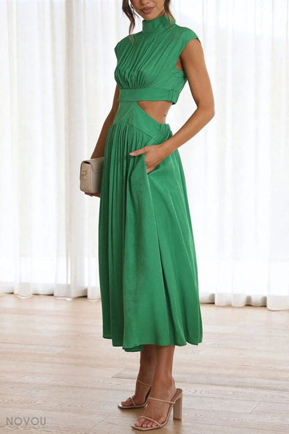 Elegant summer midi dress with roll neck and waist cut-out – Avelina