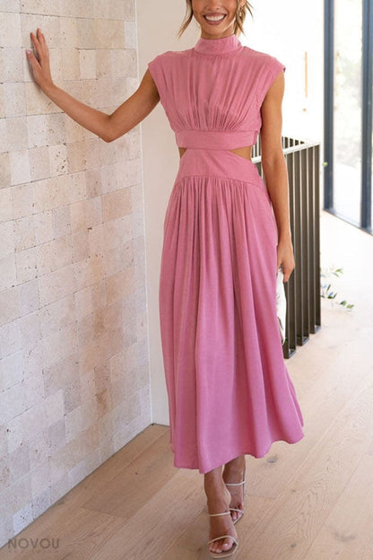 Elegant summer midi dress with roll neck and waist cut-out – Avelina