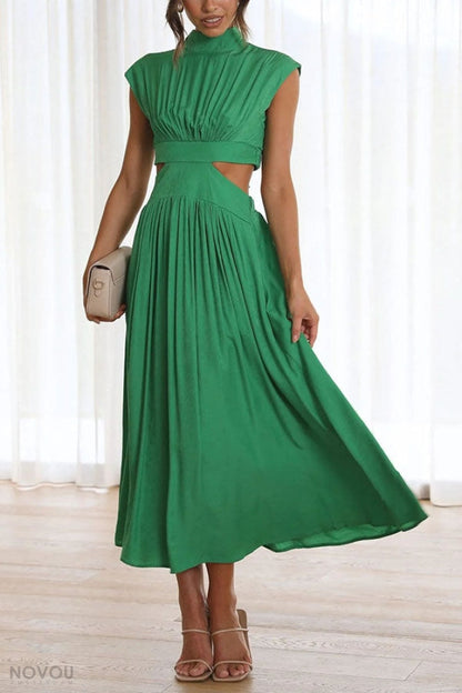 Elegant summer midi dress with roll neck and waist cut-out – Avelina