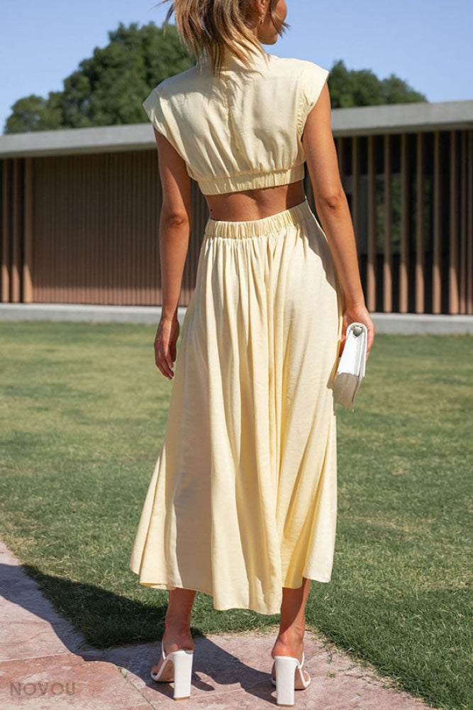 Elegant summer midi dress with roll neck and waist cut-out – Avelina
