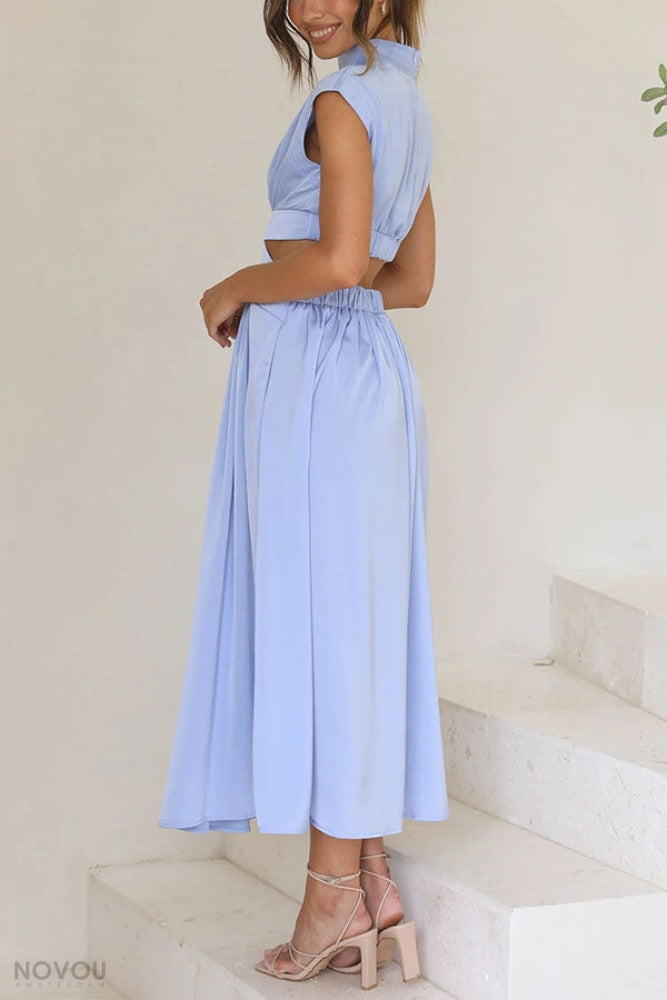 Elegant summer midi dress with roll neck and waist cut-out – Avelina