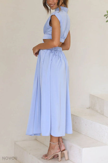 Elegant summer midi dress with roll neck and waist cut-out – Avelina