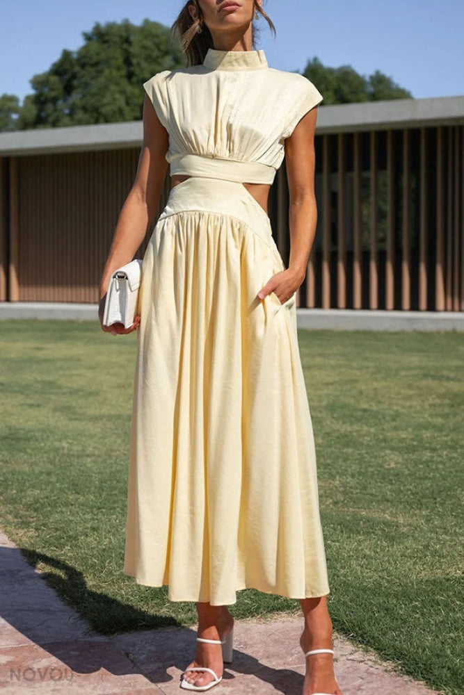 Elegant summer midi dress with roll neck and waist cut-out – Avelina