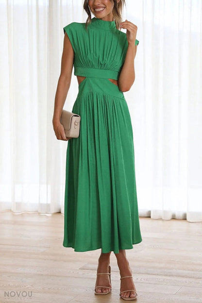 Elegant summer midi dress with roll neck and waist cut-out – Avelina