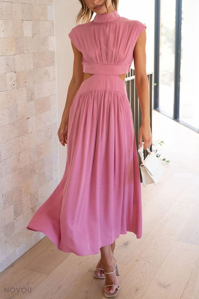 Elegant summer midi dress with roll neck and waist cut-out – Avelina