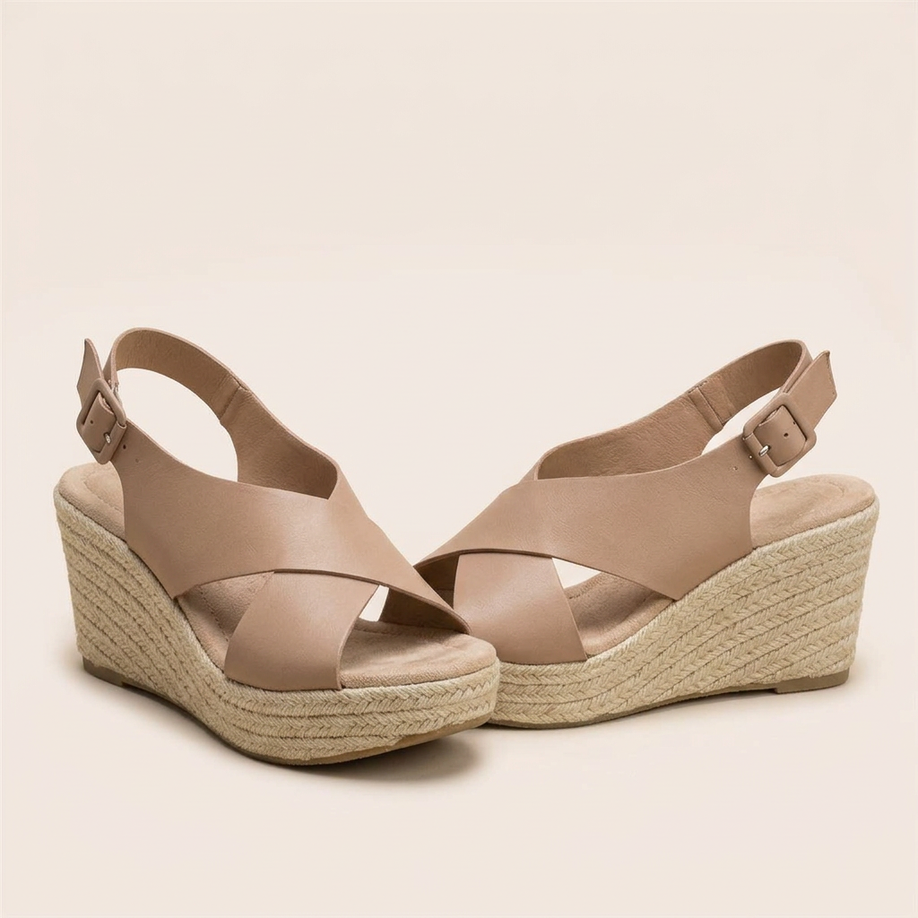 Pair of tan wedges on a plain background, showing buckled heel straps and cushioned footbed 13