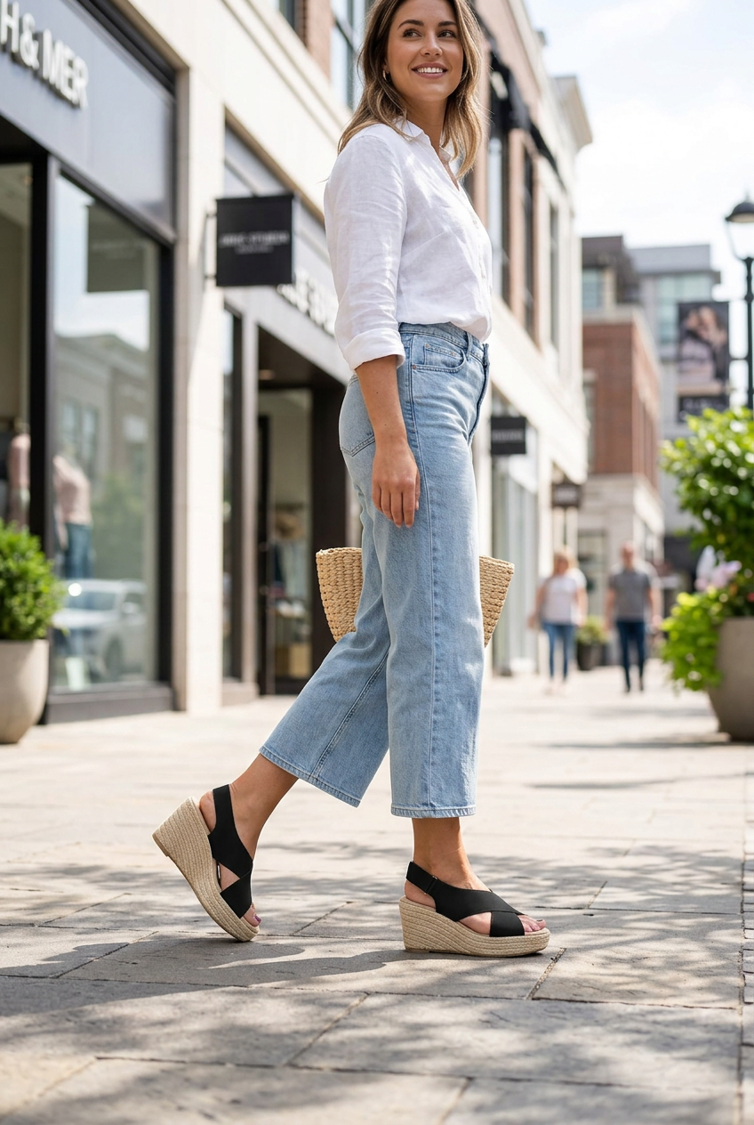 Smiling woman strolling down a sunny street in black crossover wedge sandals, wide-leg jeans and white shirt 1