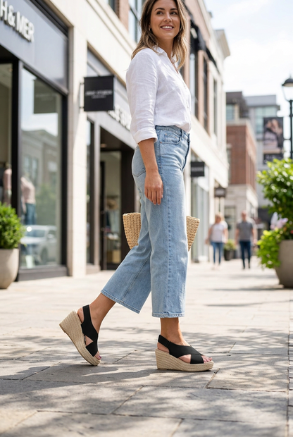 Smiling woman strolling down a sunny street in black crossover wedge sandals, wide-leg jeans and white shirt 1