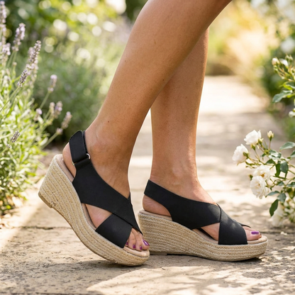 Black crossover wedge sandals worn on a stone garden path beside lavender and white roses 12