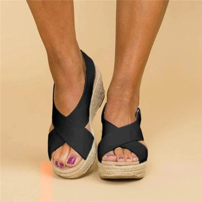 Black wedges worn by a model from the front, straps crossing over the foot with peep toes 9