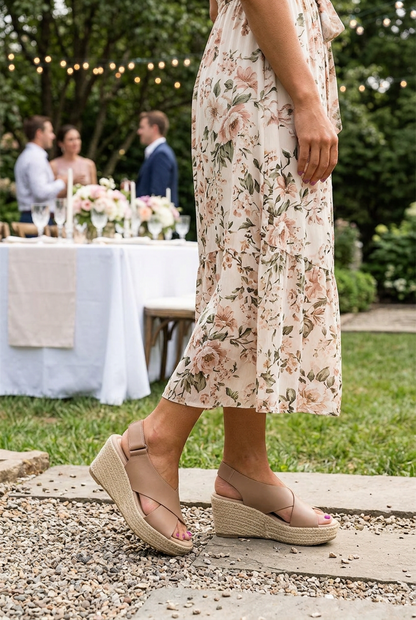 Model in a floral midi dress wears tan cross-strap wedges at an outdoor garden party 1