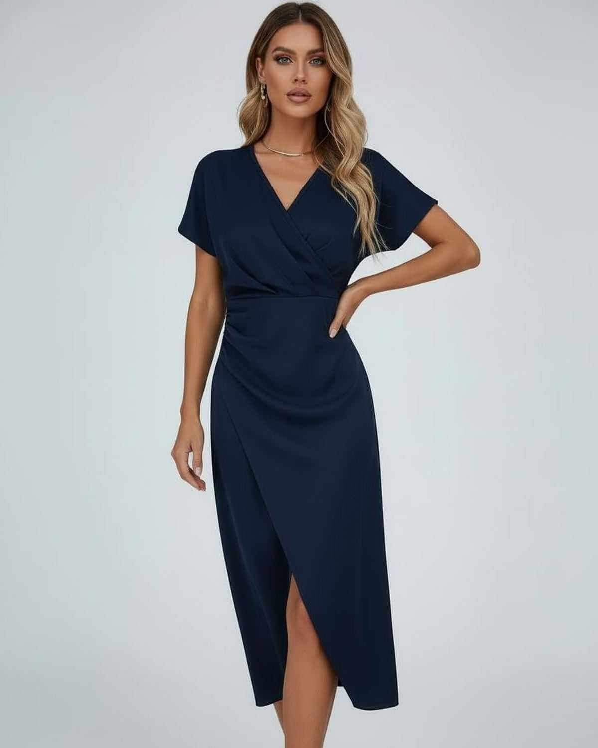 Model in the navy blue version with one hand on her hip, front view 3