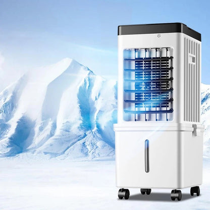White tower air cooler on castors with a blue-lit front grille, set against a snowy mountain backdrop to suggest cooling. 1