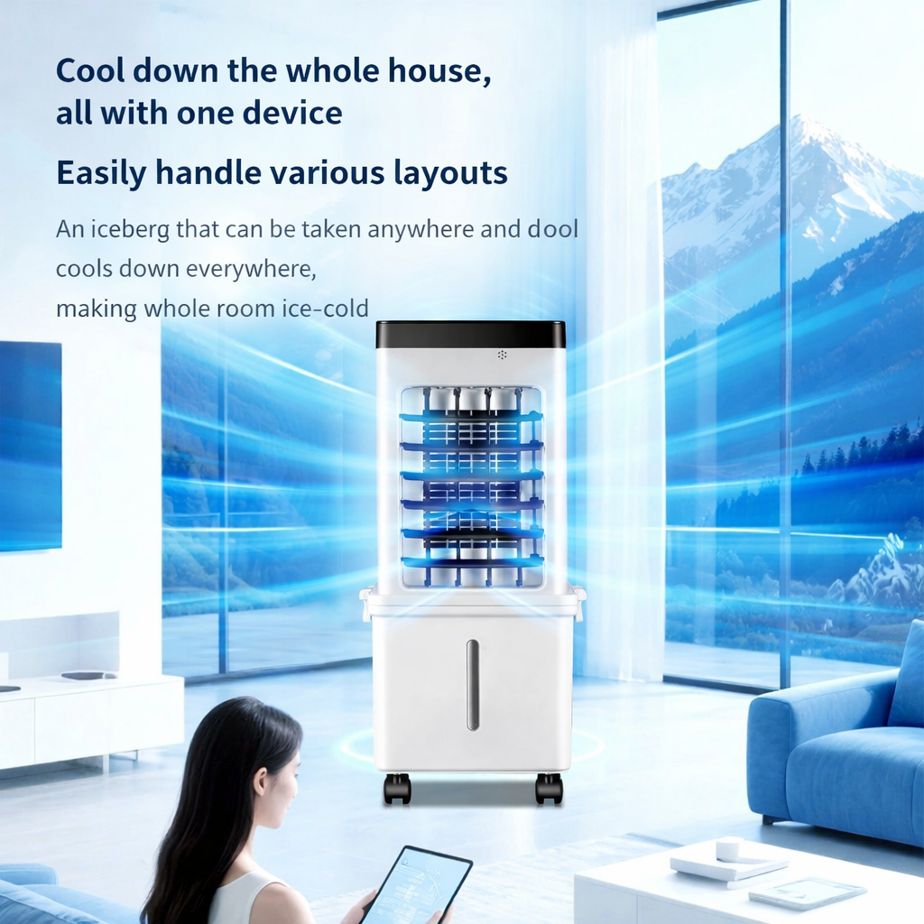 Air cooler standing in a bright living room with blue airflow streaks, while a woman sits nearby holding a tablet. 2