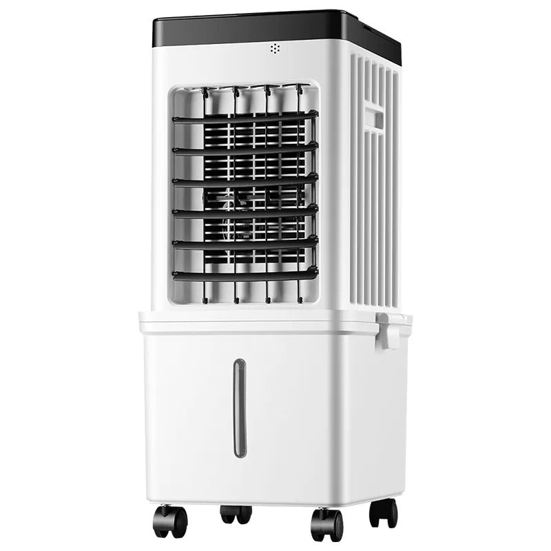 White and black tower air cooler on a plain white background, showing the front grille, water tank window and four castors. 3