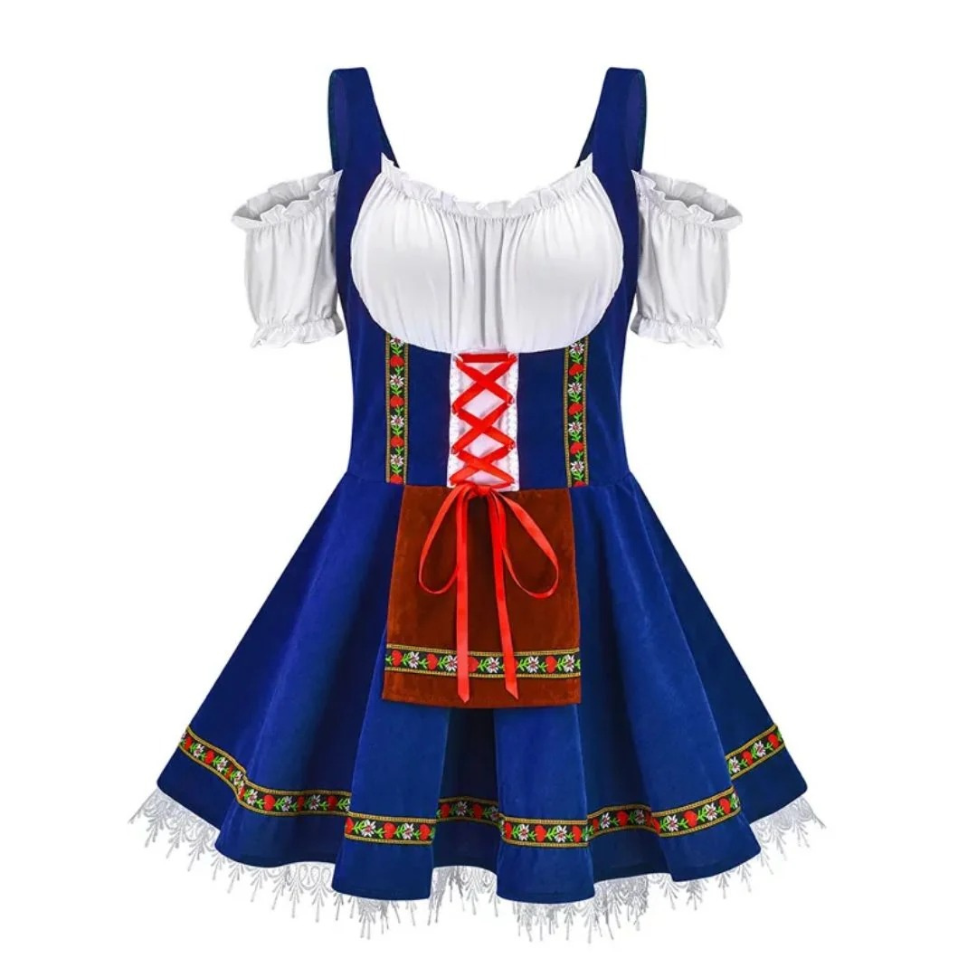 Royal blue version of the dirndl with white puff sleeves, red bow lacing and brown front apron 2