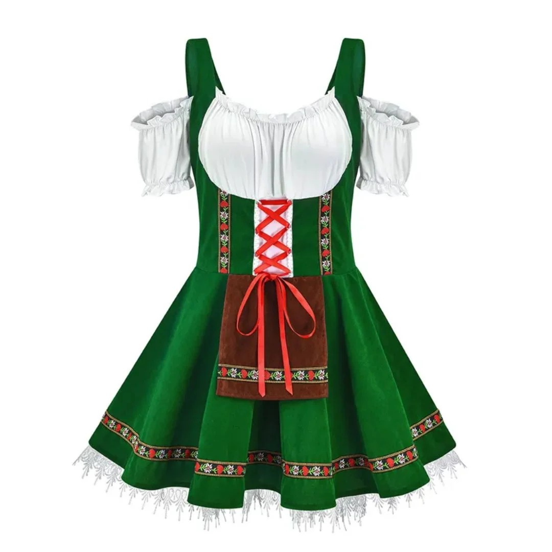 Green version of the dirndl with off-shoulder white sleeves, red lacing and brown apron with floral ribbon 3