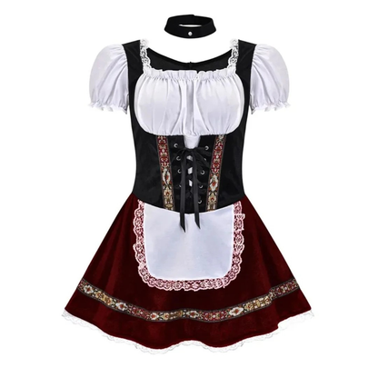Black bodice dirndl with burgundy skirt, white lace-edged apron, puff sleeves and matching black choker 6