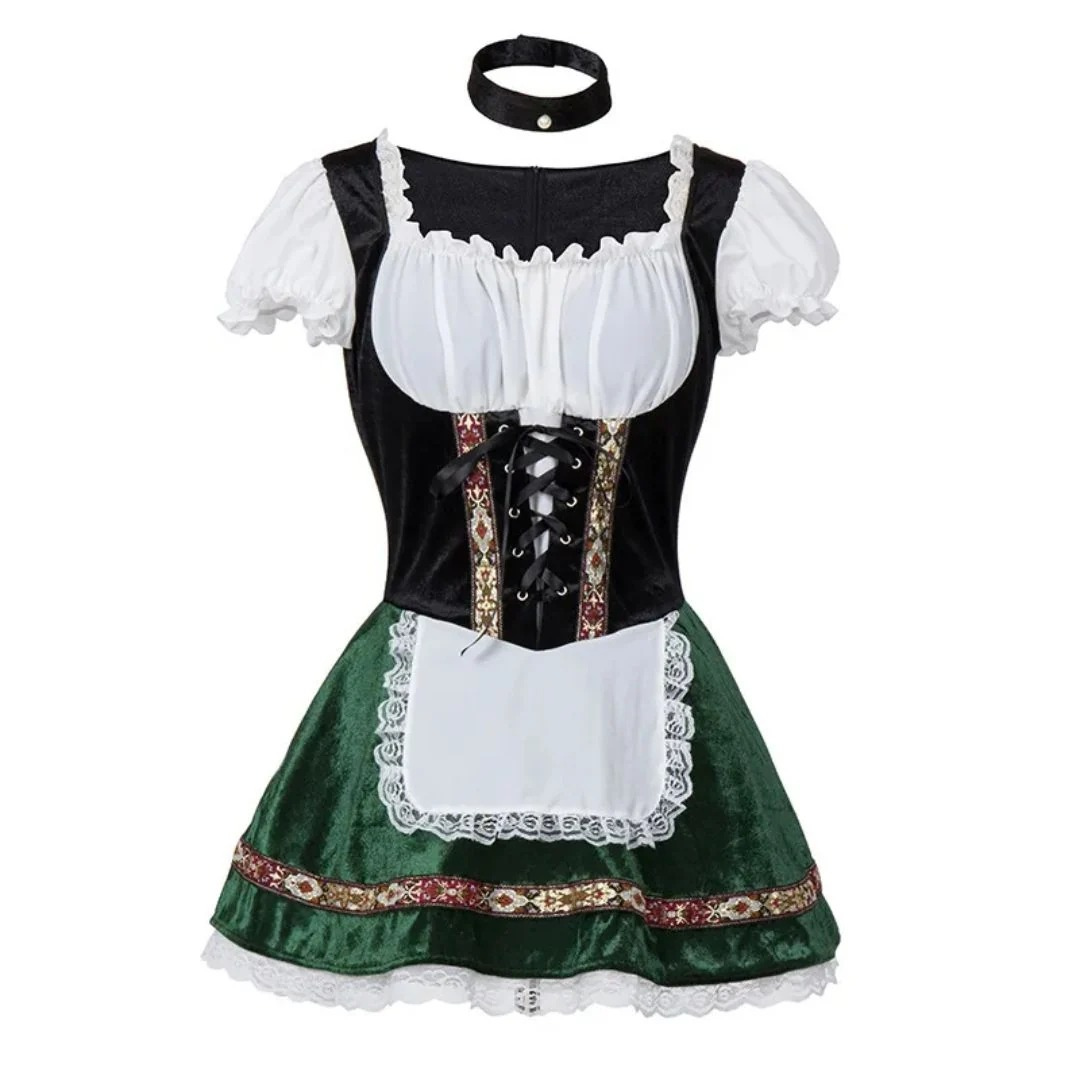Dirndl with black velvet bodice, dark green skirt, white lace-trimmed apron and black choker 7