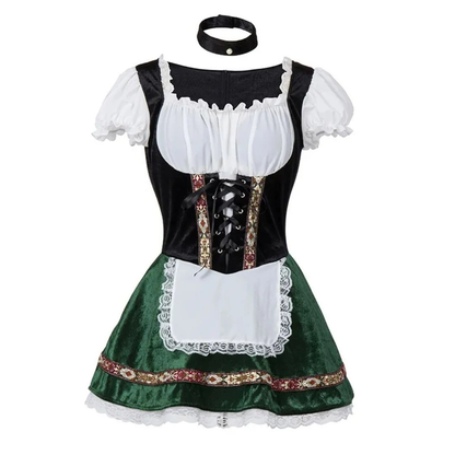 Dirndl with black velvet bodice, dark green skirt, white lace-trimmed apron and black choker 7