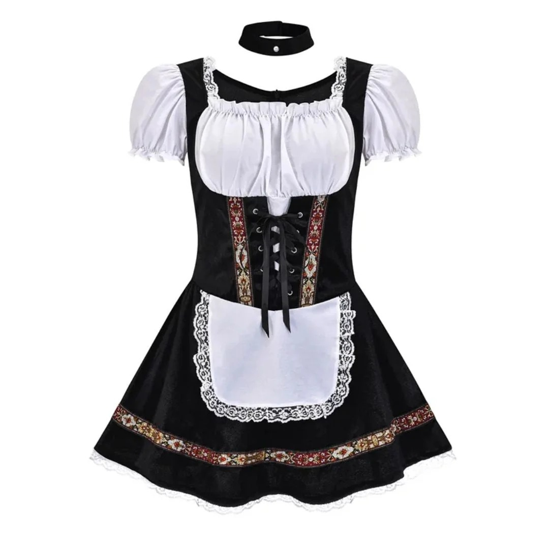 All-black dirndl with white puff sleeves, lace-trimmed white apron, front lacing and black choker 8
