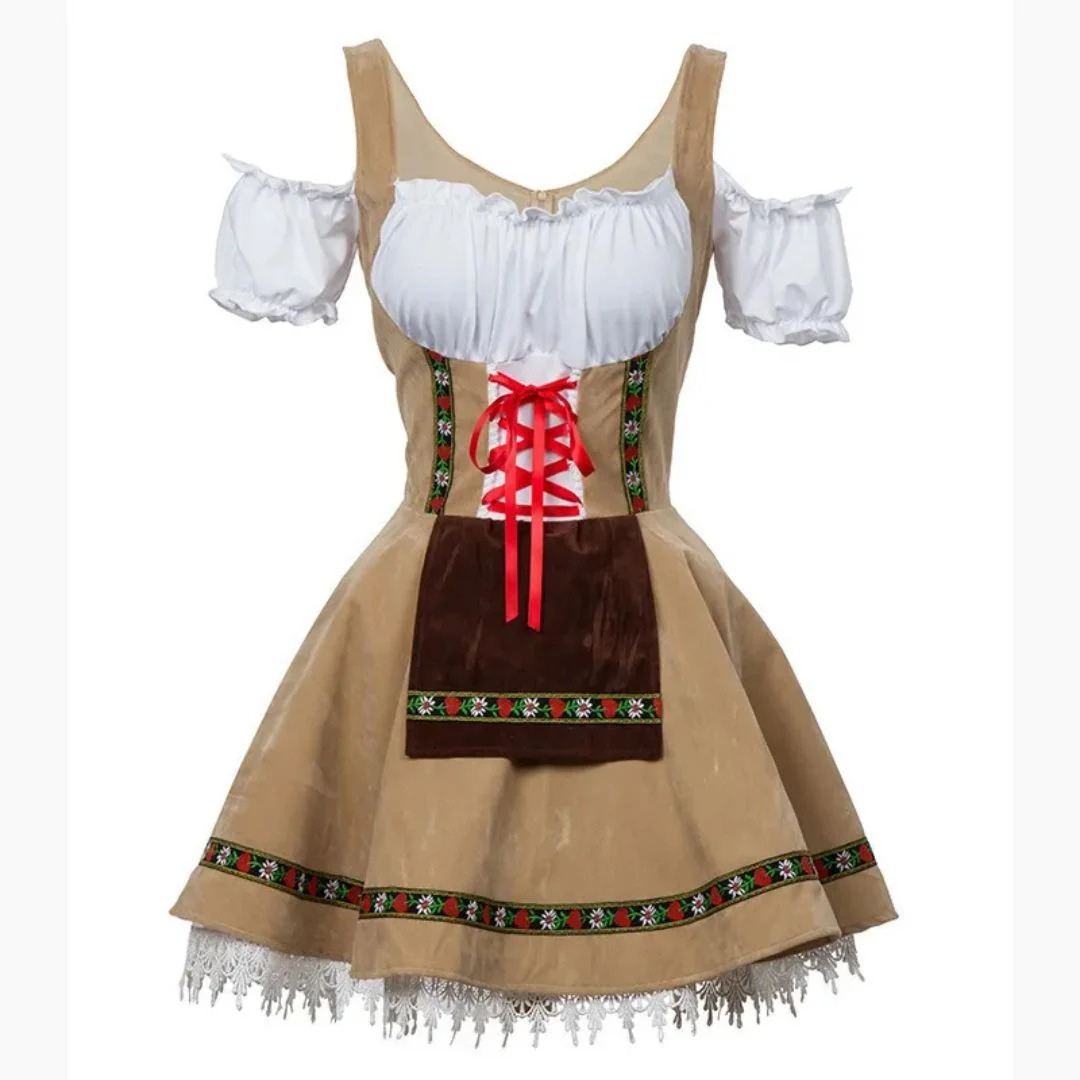 Beige dirndl dress with off-shoulder white puff sleeves, red lacing, brown apron and floral trim 1
