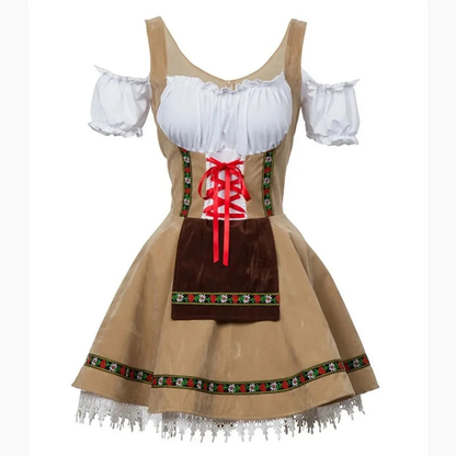 Beige dirndl dress with off-shoulder white puff sleeves, red lacing, brown apron and floral trim 1