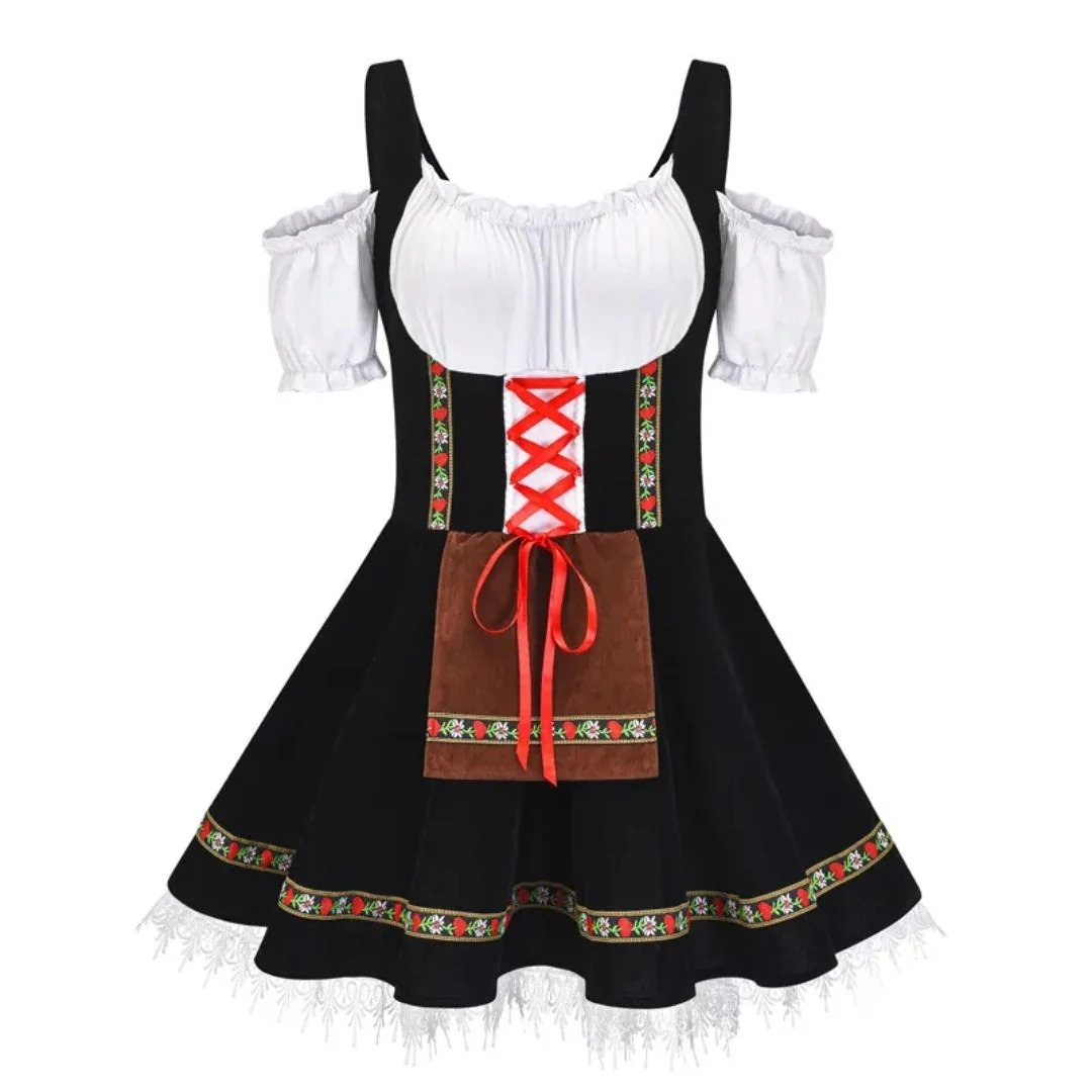 Black version of the dirndl with off-shoulder puff sleeves, red lacing and brown apron with floral trim 5
