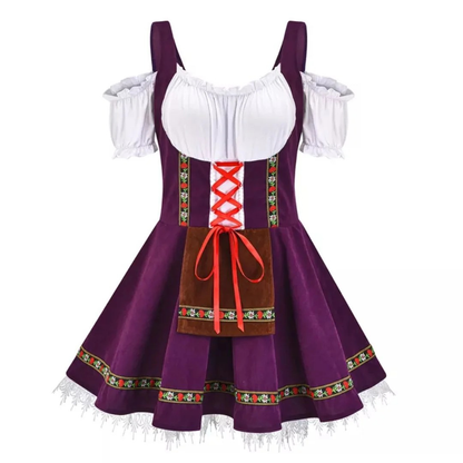 Purple version of the dirndl with white puff sleeves, red criss-cross lacing and brown apron 4