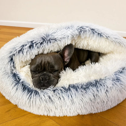 Dark French bulldog asleep inside the grey and white plush hooded bed, with the cream fleece lining visible. 2