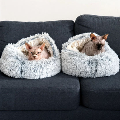 Two hairless cats sitting in two grey hooded beds side by side on a dark blue sofa. 8