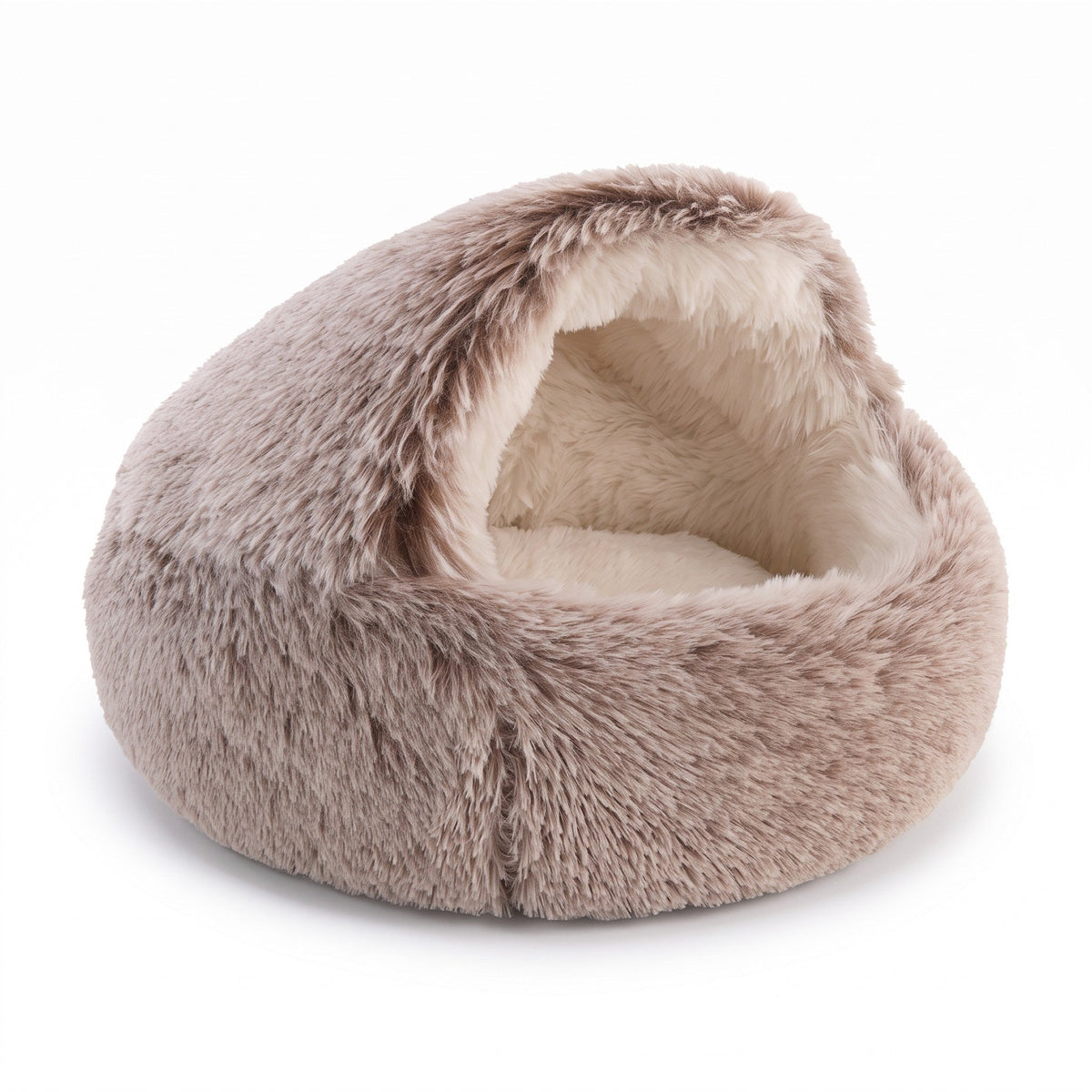 Taupe brown shaggy hooded bed on a white background, with the hood open to show the cream fleece inside. 16