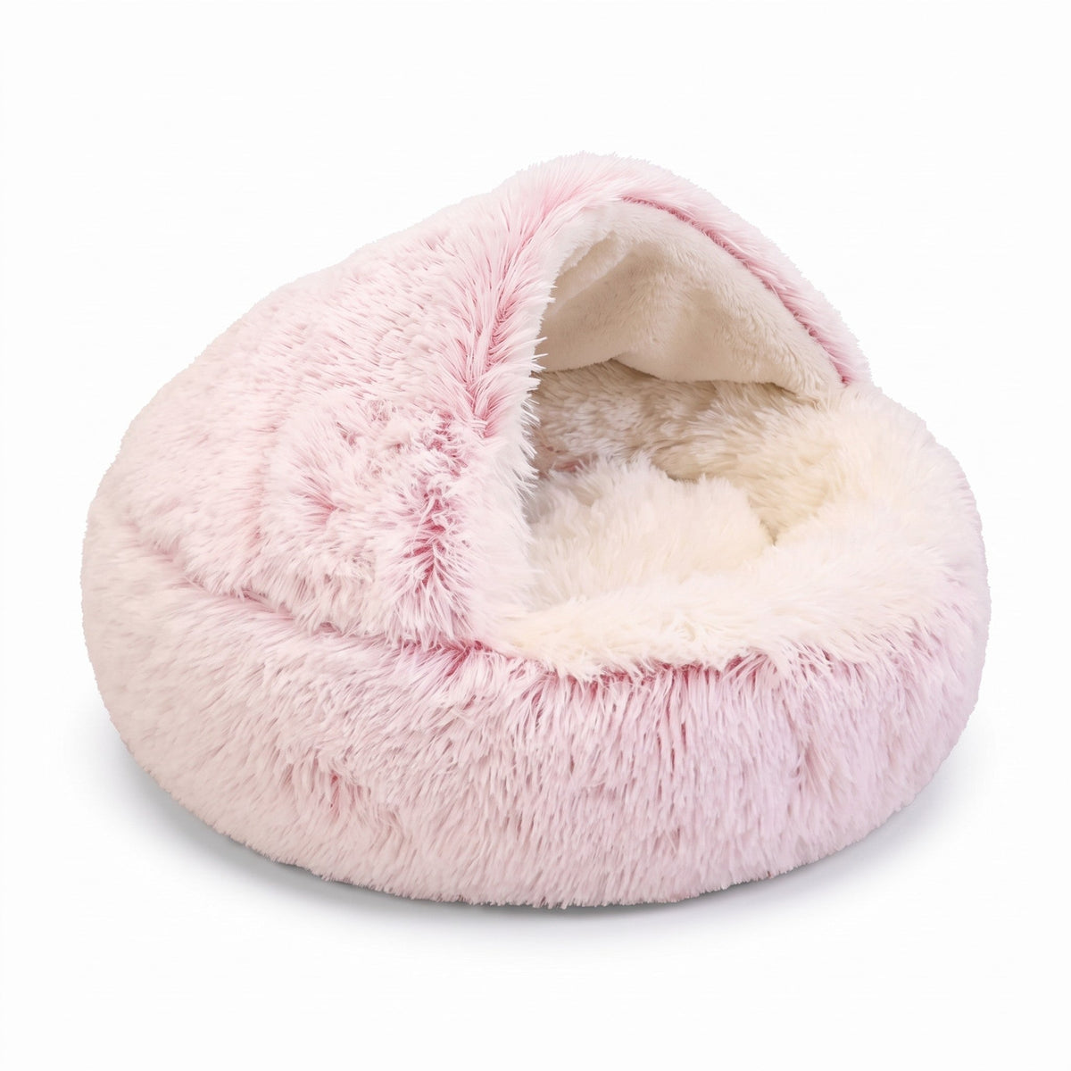 Pink shaggy hooded bed on a white background, with a white lining and cushion visible under the hood. 15