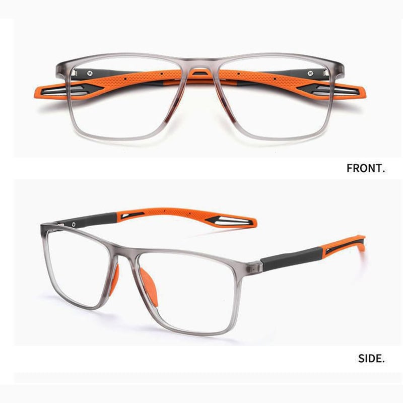 Grey frames with orange and dark grey arms and orange nose pads, shown in front and side views. 10