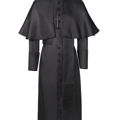 Front view of the black priest costume with cape, cross necklace and long sash with fringed ends 6